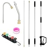 FinerFurnis Heavy Duty Telescoping Pressure Washer Extension Wand – 15ft, 3-Section Aluminum Pole, 30° Bent, U-Shaped & Straight Ends, 5 Nozzles, Quick Connect, 3-section rod + 3 end pipes (30°,