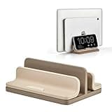 Dual Vertical Laptop Stand, 3 in 1 Upright Desktop Stand Holder with Adjustable Dock (Up to 17.3''), Leather Laptop Rack Storage Desk Organizer for Phone, Tablet, MacBook/HP/Dell/Chrome Book (Apricot)