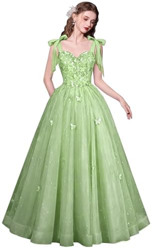 Ftupza Sage Green Prom Dress for Teens Tulle 3D Butterflies Formal Party Dress Straps Evening Gowns for Women with Pockets 0