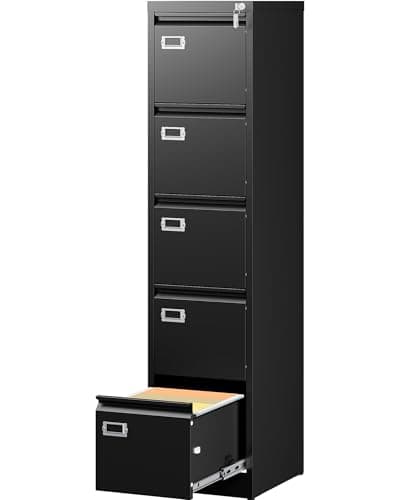 SISESOL 5 Drawer File Cabinet with Lock,Black Narrow Vertical File Cabinet Five Drawer,Tall Office Filing Cabinets,Metal Filing Cabinets for Home Office,Fit A4,Legal,Letter Size,-Assembly Required