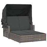 KMUNGDWG Patio Double Sun Lounger with Retractable Canopy and Cushions, Gray Poly Rattan Adjustable Backrest Outdoor Lounger
