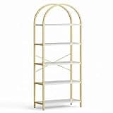Chic Muse 71" Tall Arched Bookshelf, 5 Tier Modern Bookcase with Gold Metal Frame, White and Gold Etagere Display Shelf for Living Room, Bedroom, Home Office