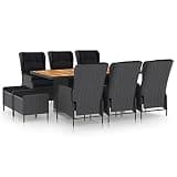 KLGBNCVE 9 Piece PE Rattan Patio Dining Set with Cushions, Dark Gray Poly Rattan Outdoor Furniture with Acacia Wood Tabletop and Reclining Chairs
