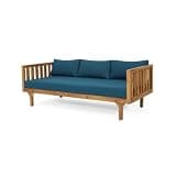 YJSPSSW 3 Seater Outdoor Daybed, Acacia Wood Frame, Water-Resistant Cushions, Classic Slat Paneling, Patio Lounge