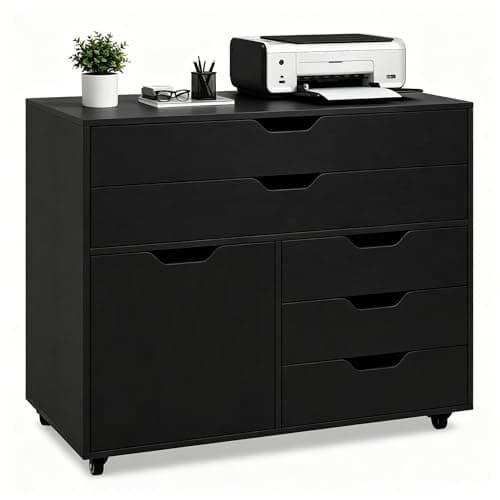 LOKO 5-Drawer Mobile File Cabinet, Rolling Chest of Drawers with Lockable Wheels, Modern Printer Stand, Multi-Purpose Lateral Filing Cabinet for Home Office, Study & Living Room (Black)