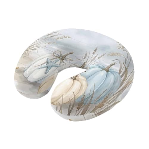 ZRNLTDGHK Neck Pillow Coastal Pumpkin Harvest Blue White Pumpkins Travel Pillow Memory Foam U Shaped Pillows, Starfish Beach Travel Neck Pillows for Airplane Car Office Home Sleeping Rest