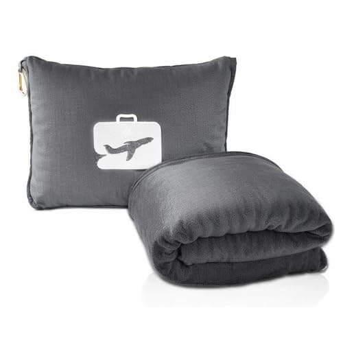Hoxfly 2 in 1 Travel Blanket, Soft Warm Airplane Blanket and Pillow, Ultralight Portable Travel Blanket with Soft Bag Zipper for Airline Car Train Office School (Grey)