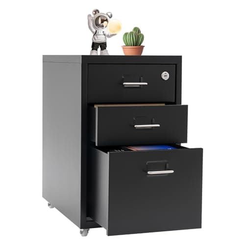 3 Drawer Metal File Cabinet with Lock, Mobile Rolling Filing Cabinet Heavy Duty Steel, Under Desk Storage Organizer, Legal Letter A4 Compatible, Office Home Use Secure Lockable, Compact Space Saving