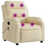 KTPRTOCK Manual Reclining Massage Chair with 6 Massage Points, Cream Fabric Recliner with Side Pocket, 135-Degree Recline, USB Powered Vibration, Wood and Metal Frame