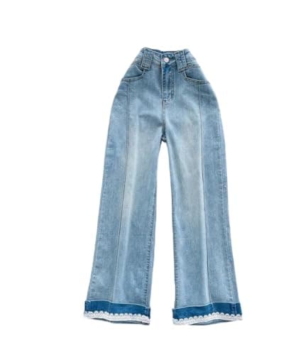 Women's Vintage Loose Pants with Pockets Casual Wide Legs Trousers Autumn Basic Lace Splice Jeans Light Blue