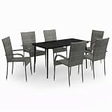 PHGTYUK 7 Piece Patio Dining Set with Gray Black PE Rattan Chairs and Glass Tabletop, Powder-Coated Steel Frame Outdoor Dining Set for 6