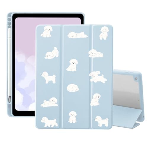 AdorableWhimsy Kawaii Puppy Case for iPad mini 7 (A17 Pro) 2024 / iPad mini 6 2021 8.3 Inch with Pencil Holder Trifold Stand Blue Leather Girly Cover Clear Back Cute Animal Case