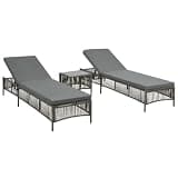 KMUNGDWG Poly Rattan Sunlounger Set 2 Pcs with Table, Adjustable Backrest Outdoor Sunloungers, Waterproof PE Rattan Patio Sun Lounger with Cushions, Gray