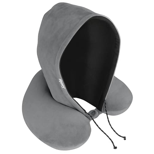 Sealy Travel Pillow - Airplane Neck Pillow with Hood, Travel Neck Pillow for Airplanes, Memory Foam Travel Pillow, Premium Support Travel Pillows for Long Flights (Gray Black)
