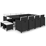 GHVBNMF 13 Piece Patio Dining Set with Cushions, PE Rattan Outdoor Wicker Furniture Set with 8 Chairs and 4 Stools, Large Table and 12 Seater Set for Garden and Backyard, Black