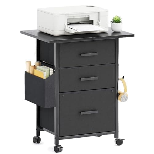 Flrrtenv 2 Drawer Printer Stand with 22'' Extended Desktop, Mobile Filing Cabinet, Rolling File Cabinet with Side Bag, Fabric Drawer, Fits A4/Lett, Black