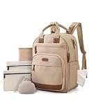 mommore Diaper Bag Backpack with Waterproof Changing Pad, Insulated Bottle Holders & Pacifier Case, Baby Diaper Bag with 2 Organizer Pouches, Stroller Straps, Camel