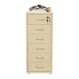 Coehazelf 6 Tiers Vertical File Cabinet, Lockable Mobile Filing Cabinet with Wheels, Metal Storage Drawer Unit for Home Office, Under Desk File Organizer (Beige)