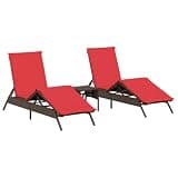 IBUQDDV Patio Sun Loungers 2 Pack with Table, Brown Poly Rattan Outdoor Lounge Chairs, Adjustable Backrest and Footrest, Thick Cushion with Removable Washable Cover, Powder-Coated Steel