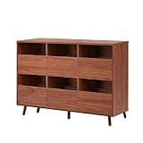 44.1" Mid Century Walnut Turntable Record Player Stand with 6 Open Vinyl Storage Compartments, Vintage Audio Equipment Console Table for Vinyl Albums Bedroom Living Room Decor