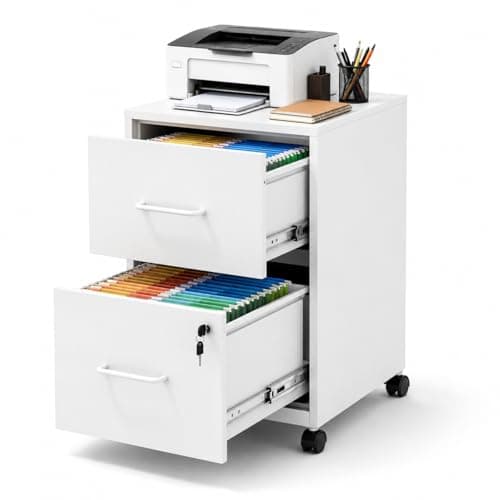 SAWJEC 2 Drawer Mobile File Cabinet with Lock, White Metal Filing Cabinet for Home Office, Assembly Required, Vertical Locking File Cabinet with Letter Size Hanging Files, 17.7" D x 15.0" W x 26.8" H