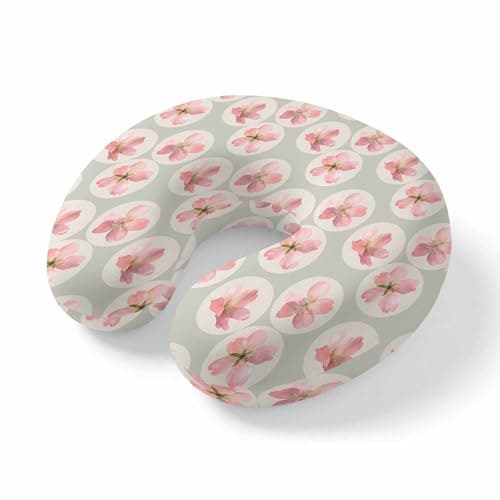 Yaiikkvbaa Pink Cherry Flower Neck Pillow Memory Foam U Shaped Travel Pillow, Spring Floral Blossoms Botanical Beige Neck Support Pillows Decorative Headrest Cushion for Airplane Sleeping Car Office