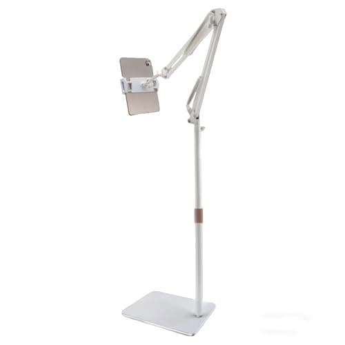 Faung Tablet Floor Stand with Heavy Metal Base,Adjustable Height Stretchable Arm Holder Mount,360°Rotatable Metal Tablet Holder,for iPad,Kindle,E-Readers or4.7~12.9''Phone Tablet Stand (White)