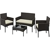 Yaheetech Patio Furniture Set 4 Pieces Conversation Sets, Rattan Chair Wicker Set Loveseat with Soft Cushion and Glass Table for Backyard Porch Garden Poolside Balcony, Brown and Beige