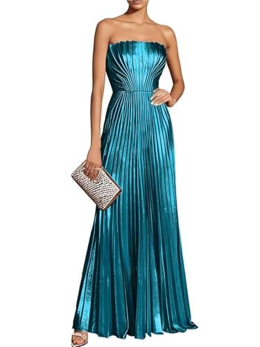 Cudiew Strapless Metallic Satin Prom Dresses Peacock Long Sparkly Pleated A Line Maxi Formal Evening Gowns for Women Back Lace Up 2026 USX0