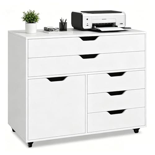 LOKO 5-Drawer Mobile File Cabinet, Wood Office Storage Cabinet with Wheels, Modern Printer Stand, Multi-Purpose Lateral Filing Cabinet for Home Office, Study & Living Room (White)