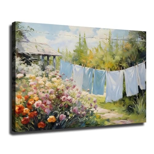 LXZNRQU Laundry on A Line Framed Poster Ready To Hang, Laundry Room Art, Farmhouse Country Wall Art for Living Room (Wrapped Canvas,24×36 inch)