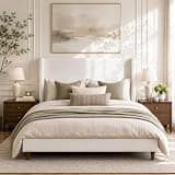 KEIKI Chenille King Size Bed Frame, 54" Tall Headboard Upholstered Platform BedFrame with Wingback, Elegant Simplicity, Box Spring Needed, Solid Oak Wood Feet, Cream White Chenille