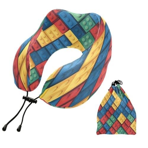 Nesatuwa Colorful Block Cubes Travel Pillow Portable Soft Memory Foam Neck Support Airplane Pillow with Adjustable Clasp