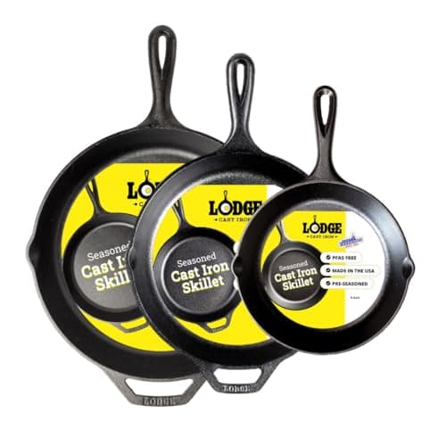 Lodge Seasoned Cast Iron Skillet Set 8, 10.25 & 12 Inches - PFAS-Free, Non-Toxic Cookware - Use with an Oven, Stove, Grill, or Campfire - Naturally Non-Stick & Oven Safe