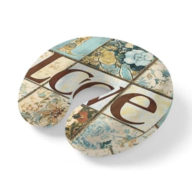 LXCPBNQT Neck Pillow Floral Butterfly Washable Memory Foam Pillow for Airplane Office Car Sleeping, Love QuoteRetro Stitching Pattern Travel Pillows U Shaped Stretch Neck Support Pillows