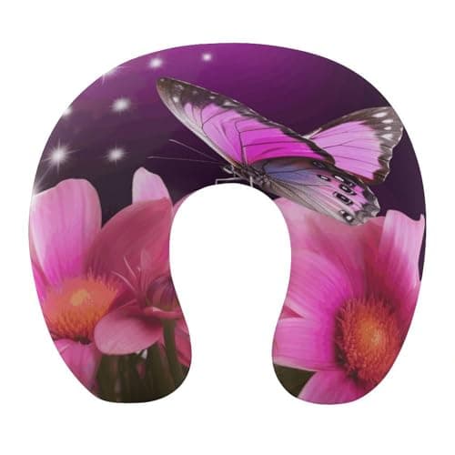 NHSGDUA Pink Flower and Butterfly U-Shaped Neck Pillow, Memory Foam Travel Neck Pillows Compact and Ergonomic Design,Airplane Pillow for Traveling Car Home Office