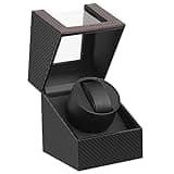 LINGFANSTORE Automatic Single Watch Winder with Quiet Japanese Motor,AC Adapter or Battery Powered,Premium Leather Exterior and Soft Flexible Watch Pillows (Carbon fiber leather-WW125T)
