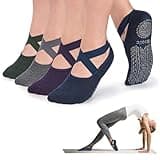 Ozaiic Pilates Socks for Women Non Slip Grip, Yoga Socks with Grippers for Barre, Hospital, Ballet, Dance, Barefoot Workout (4 Pairs - Navy/D.gray/D.green/D.purple)