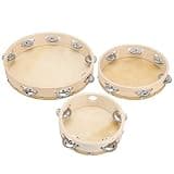 3Pcs Wooden Tambourine Set, Single Row Jingle Hand Drum Percussion Instrument with Cowhide Head, Solid Wood Frame for Kids Adults Music Dance Church Jazz