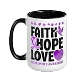 Alzheimer's Dementia Awareness Support Faith Hope Love Ceramic Mug, Black/White, 15oz