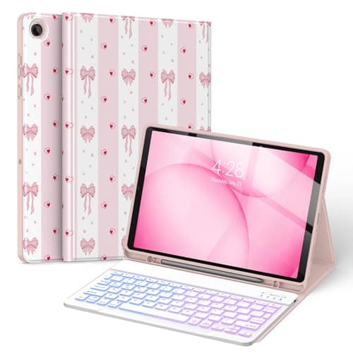 Soke Keyboard Case for Samsung Galaxy Tab A11 Plus/A11+ 11 inch 2025(SM-X230/X236/X238) - 7 Color Backlight Wireless Detachable Folio Keyboard Cover with S Pen Holder, Pink Bow