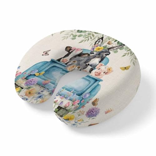 ZFUNCING Travel Pillows U-Shaped Neck Pillow Vintage Farm Donkeys Pigs Cows Ergonomic Memory Foam Pillow Head Cushion,Flowers Leaves on Linen Soft Portable Neck Pillows for Office Airplane Car Train