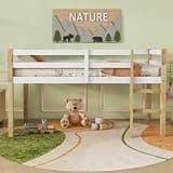 Calivox Loft Bed Frame, Twin Size Natural White Rubber Wood Raised Bed with Ladder, Support Slats and Underbed Space, Solid Wood Platform Bed for Kids Bedroom Small Room