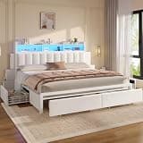 ADORNEVE King Size Bed Frame with 10 Drawers, RGB Storage Headboard with Power Outlet, King Storage Platform Bed for Small Spaces, No Box Spring Needed, Velvet White