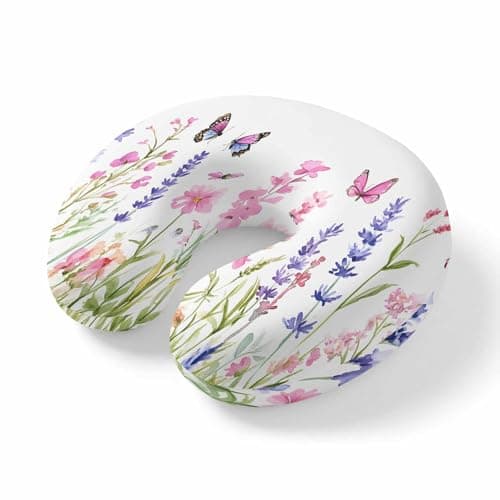 ZFUNCING Travel Pillows U-Shaped Neck Pillow Lavender Pink Flower Butterfly Ergonomic Memory Foam Pillow Head Cushion,Country Floral on White Soft Portable Neck Pillows for Office Airplane Car Train