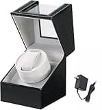 MYFULLY Automatic Single Watch Winder in Black Leather with Quiet Motor Watch Display Case Storage Box Fits Lady and Man Automatic Watch, AC Adapter or Battery Powered