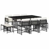 11 Piece Garden Dining Set with Rectangular Table and High-Back Chairs with Cushions, Black Cream White Outdoor Furniture for Up to Ten Guests