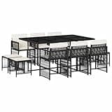 WRJENFSC 11 Piece Garden Dining Set, Black PE Wicker Outdoor Patio Furniture with 65 Inch Rectangular Glass Table and 10 Chairs, Space Saving Cube Dining Set for Backyard Terrace