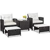Shintenchi 5 Pieces Patio Furniture Set, Outdoor Wicker Patio Conversation Set with Ottoman, All Weather Rattan Outside Chairs with Coffee Table & Cushion for Porch, Garden, Backyard, Beige