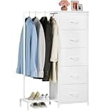 Somdot Dresser with Hanging Rack, 5 Drawers Small Closet for Bedroom, Reversible Dresser with Clothes Rack, Kids Dressers for Bedroom Chest of Drawers, Tall Storage Tower, White Leather